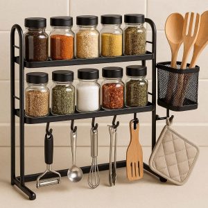 13 Tiered Kitchen Countertop Spice Rack With Hooks Small Utensil Storage Organizer