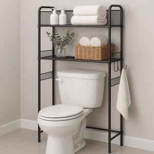 27 Space Saving Over Toilet Bathroom Organizer Mesh Wire Storage Shelf With Hooks