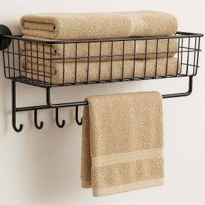 29 Wall Mounted Bathroom Towel Storage Shelf Metal Wire Basket Organizer With Hooks